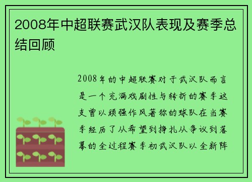 2008年中超联赛武汉队表现及赛季总结回顾