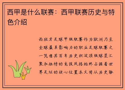 西甲是什么联赛：西甲联赛历史与特色介绍